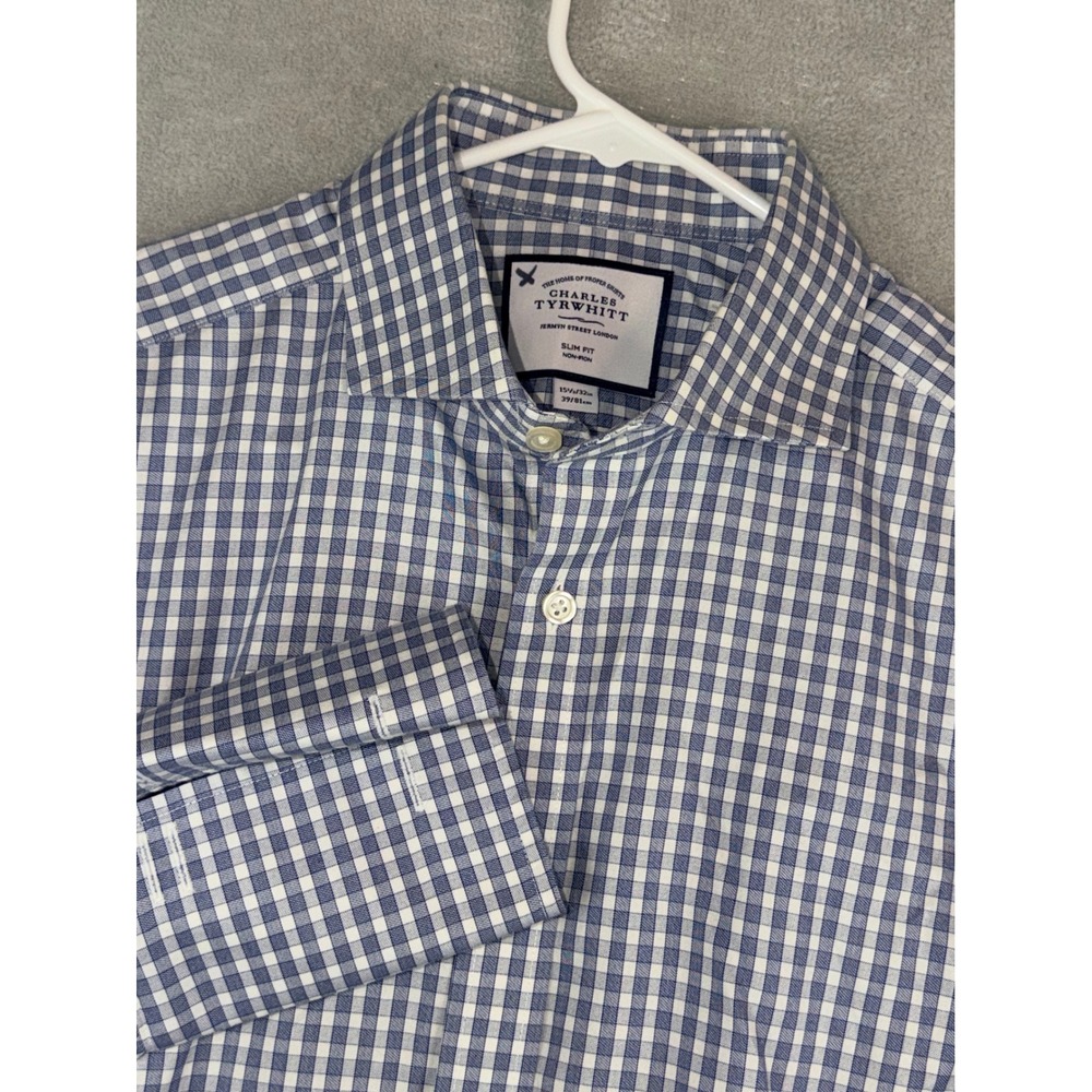 Charles Tyrwhitt Mens 15.5X32 Slim Fit Blue Gingham Non-Iron French Cuff Shirt